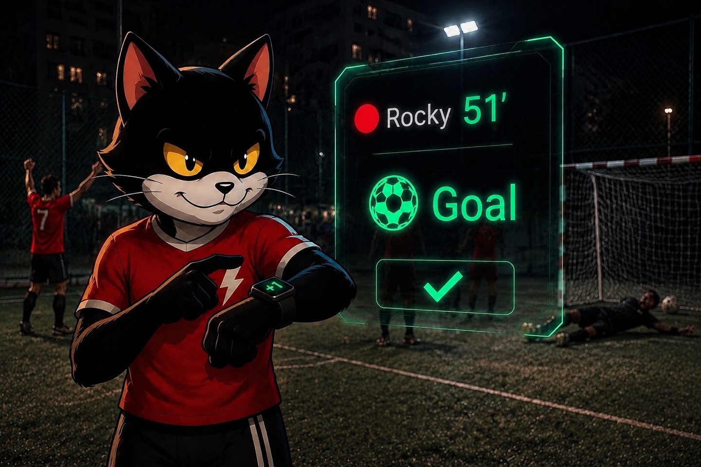 Rocky enregistre un but sur l'Apple Watch pendant que le tableau de score s'illumine